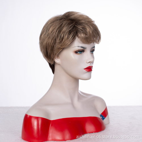 Cheap Wholesale Short Brown Wigs For Whight Women Fluffy Layered Synthetic Hair Wigs With Bangs 9 inches